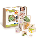 Treasure Blocks nature exploration kit with wooden blocks and natural items, including a girl playing with the set.