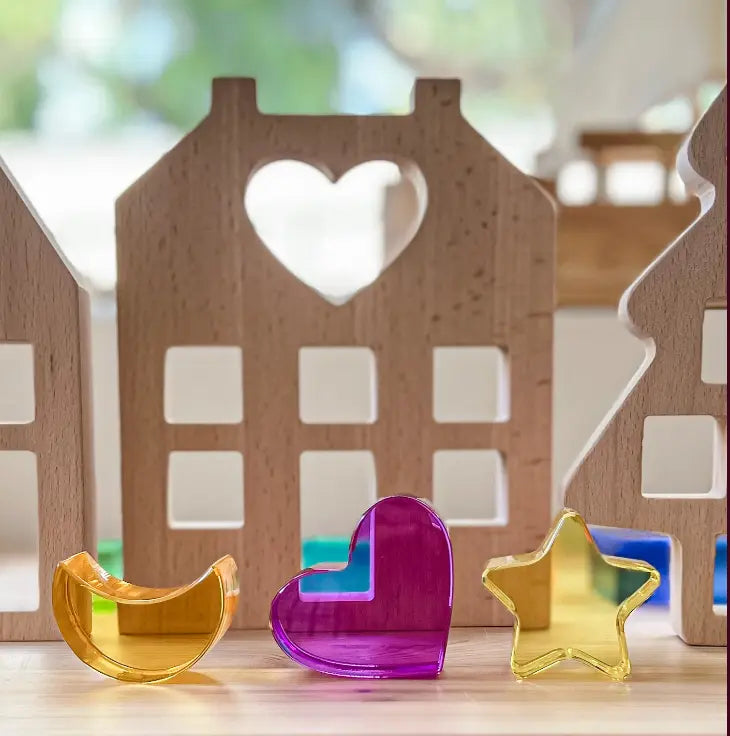 Pink lucite heart house Montessori building toy kids Australia
