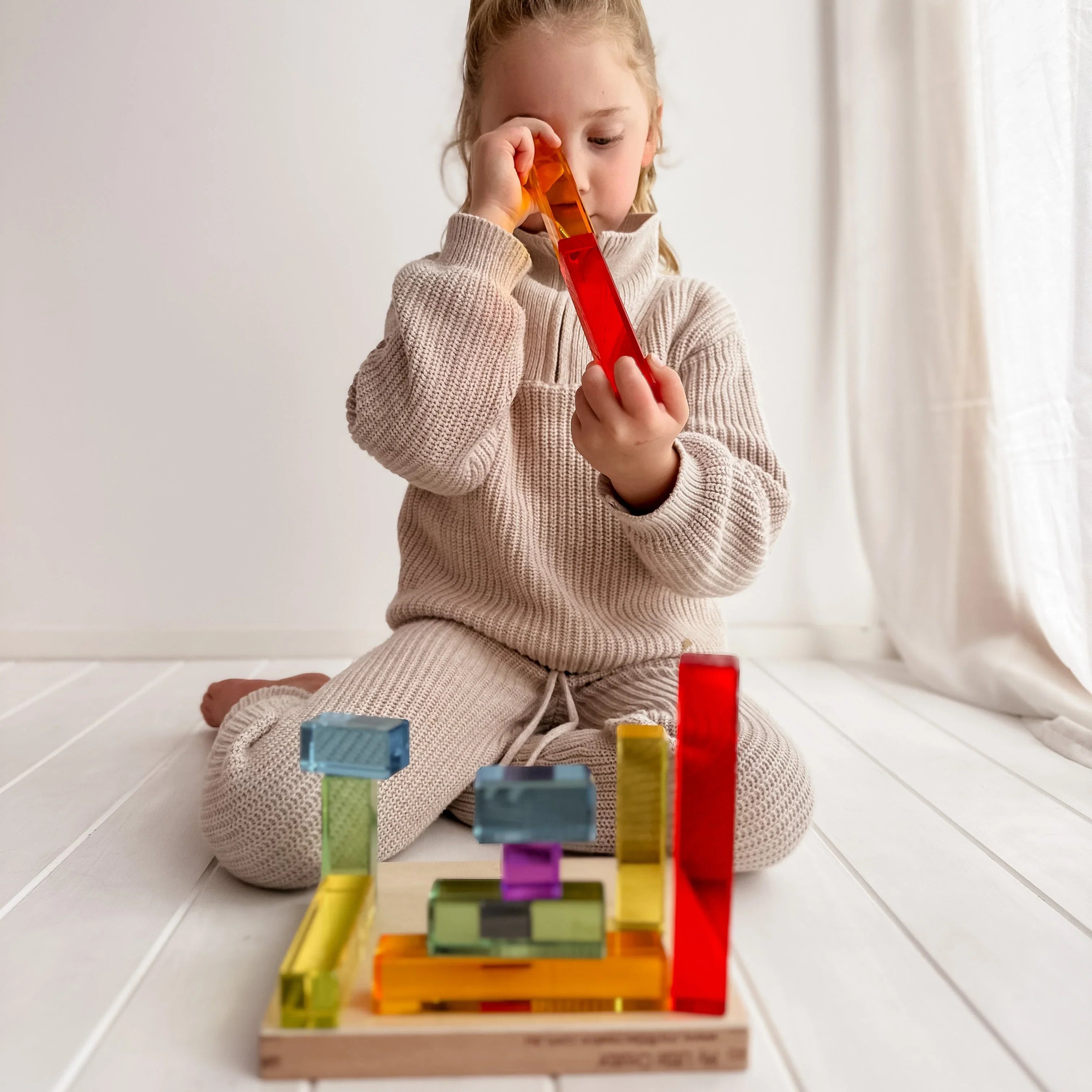 Lucite rainbow stairs — translucent acrylic blocks in wooden tray (24pc)