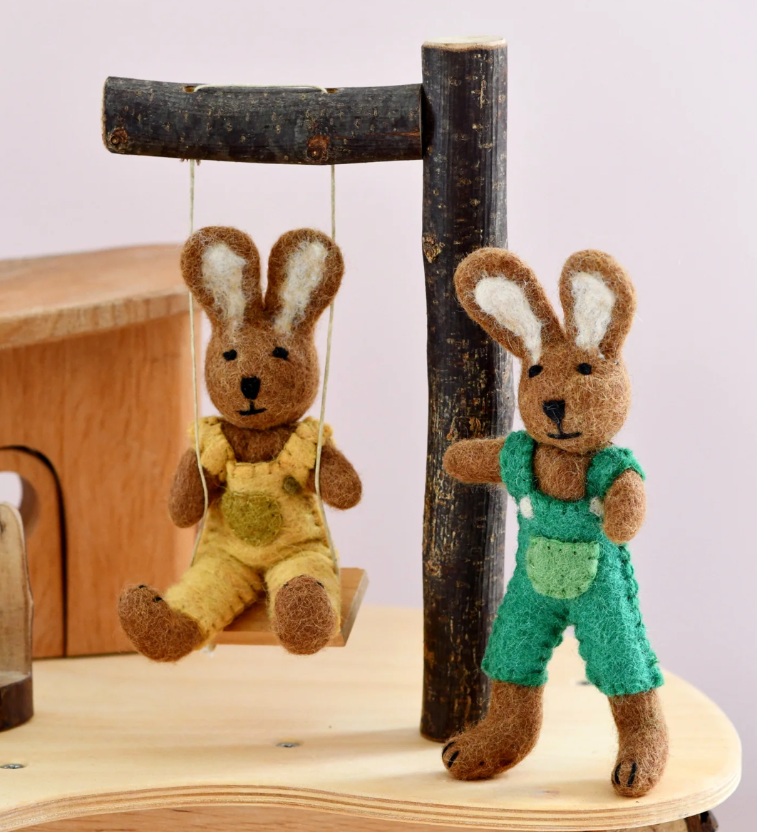 Felt Brown Hare Rabbit With Green Overalls Toy