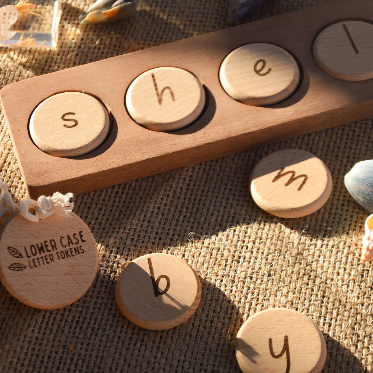 Wooden Word Building Tray and Tokens