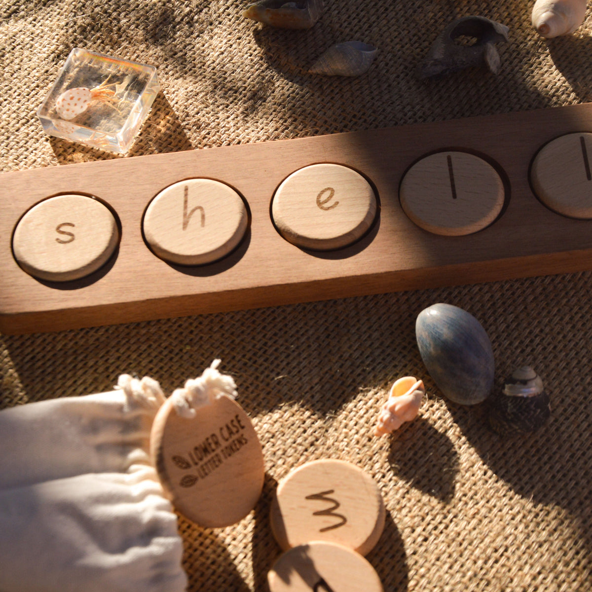 Wooden Word Building Tray and Tokens