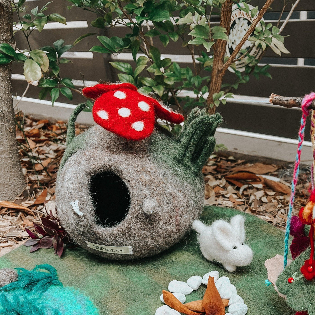 The Curated Parcel - Felt Fairy Toadstool House with Rabbit Toy 