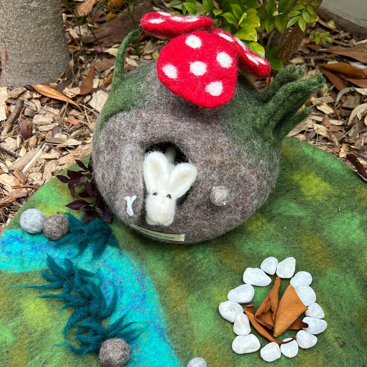 The Curated Parcel - Felt Fairy Toadstool House with Rabbit Toy 